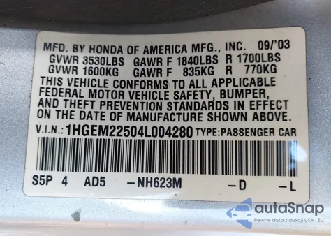 2004 Honda Civic Lx из США, поврежденный, VIN 1HGEM22504L004280